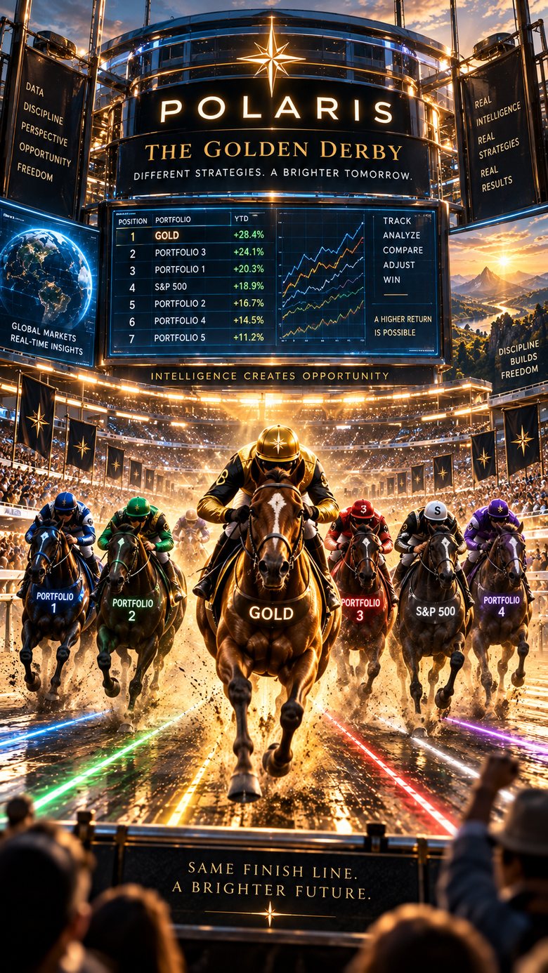 The Golden Derby — five portfolios running as racehorses under one scoreboard.